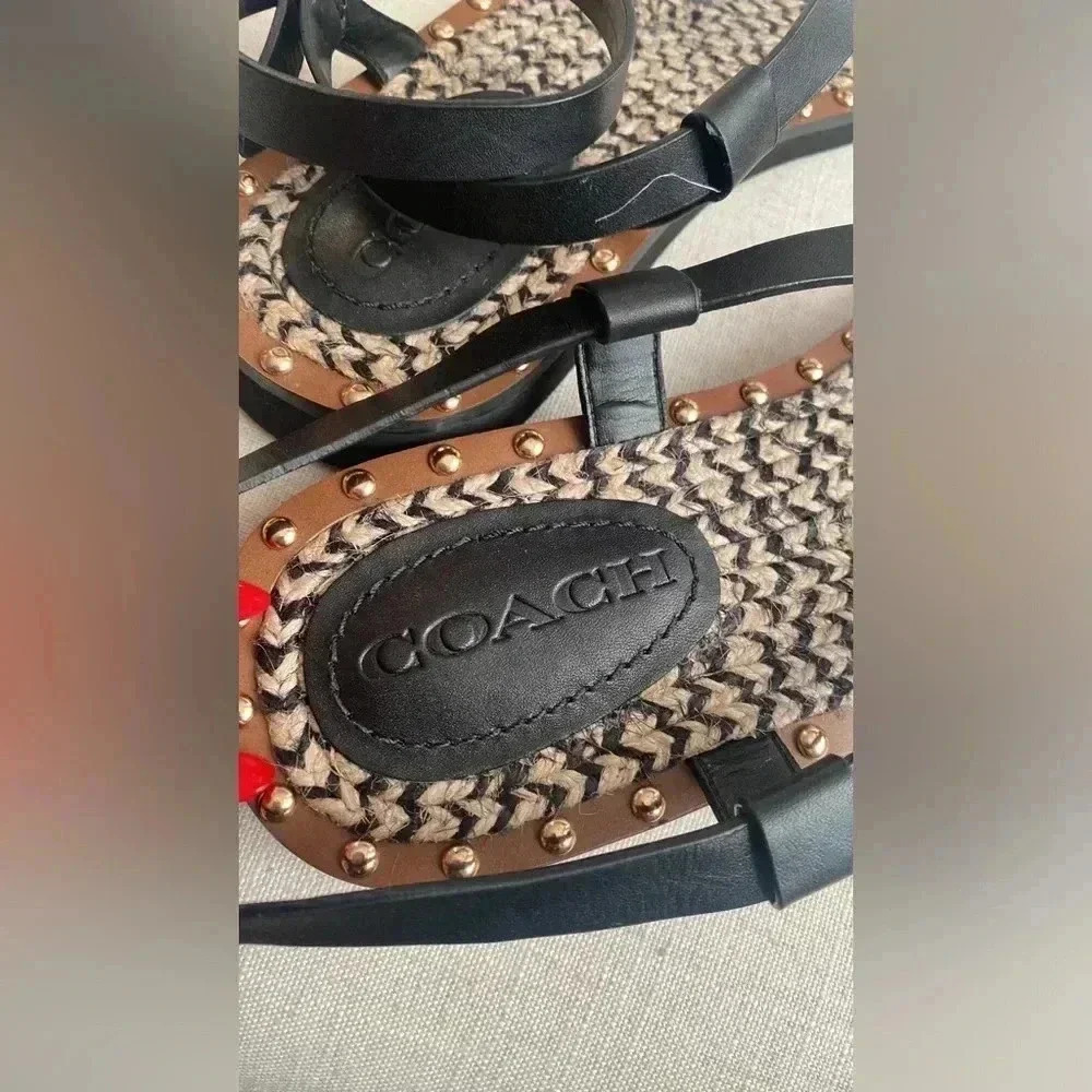 COACH Gracey Black and Brown Leather Thong Sandals with Studs Size 8.5 Leather - Picture 6 of 10